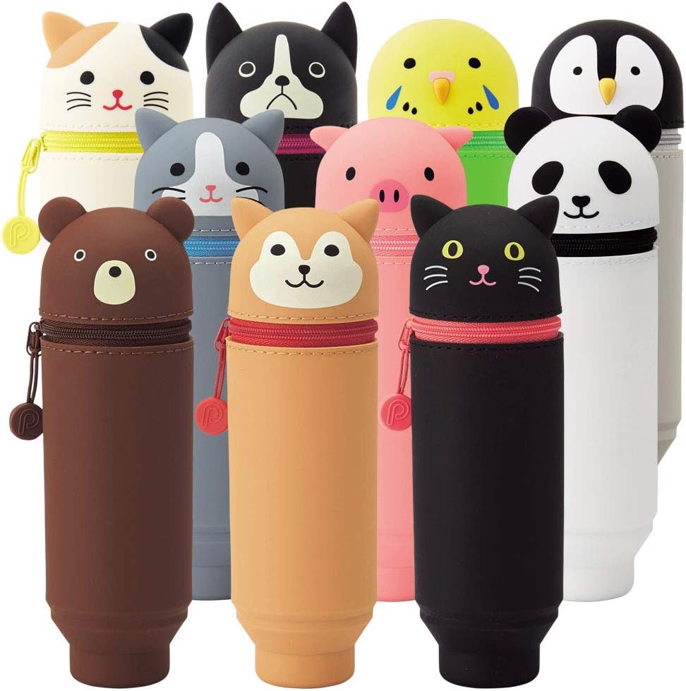 Colección de estuches de lápices verticales de silicona con formas de animales como gato, perro, oso, y más en varios colores, diseñados para guardar y transportar lápices, bolígrafos o cosméticos