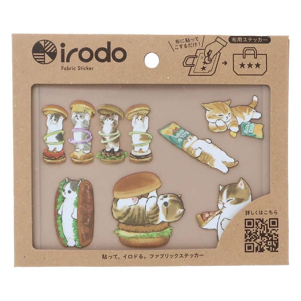 Lámina completa de pegatinas Mofusand con diseños de gatos y comida rápida.
