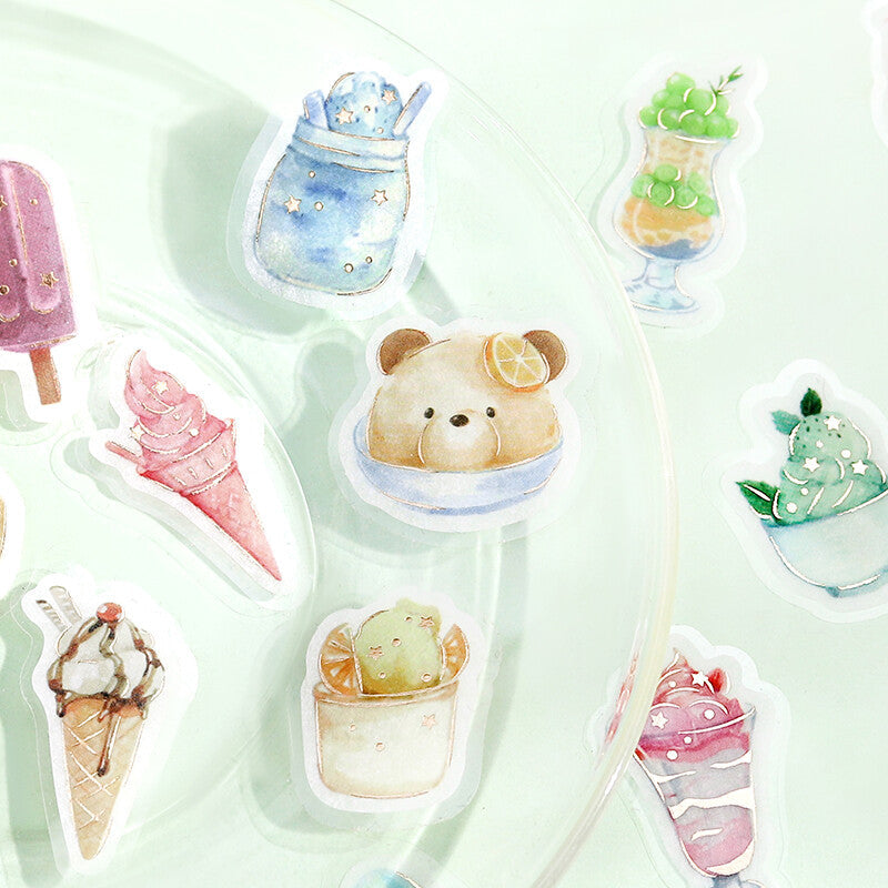 Pegatinas de ilustraciones japonesas veraniegas en papel washi con brillos dorados