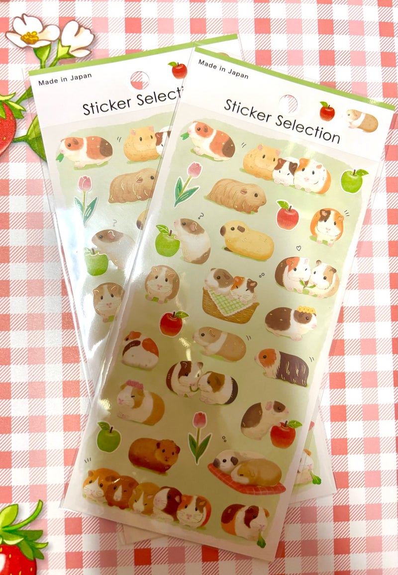 Pegatinas japonesas Sticker Selection de cobayas adorables en distintas posiciones, sobre fondo verde. Hechas en Japón por Gaia.