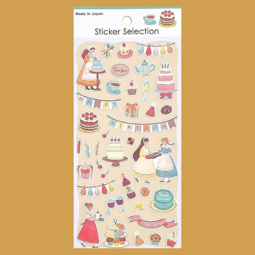 Pegatinas japonesas Gaia con ilustraciones de cumpleaños, repostería y celebración, que incluyen pasteles, cupcakes, bebidas, chicas sirviendo postres, banderines y utensilios de cocina sobre fondo beige.