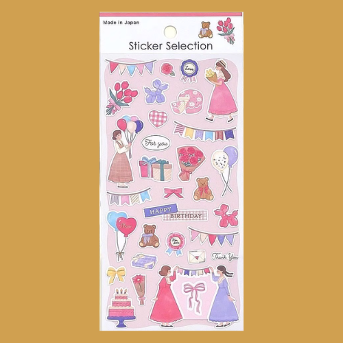 Pegatinas japonesas Gaia con temática de cumpleaños y regalos, que incluyen ilustraciones de chicas con vestidos, globos, ramos de flores, pasteles, ositos de peluche y banderines decorativos sobre fondo rosado.
