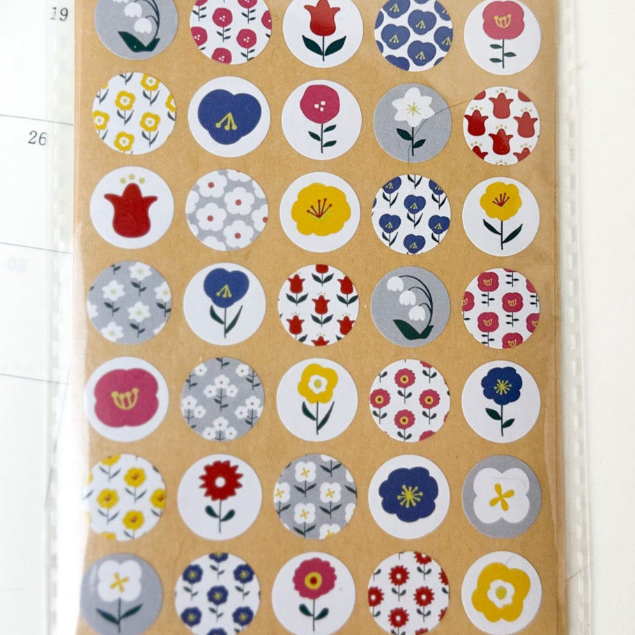 Pegatinas redondas japonesas de flores en tonos vivos, ideales para journaling y scrapbooking