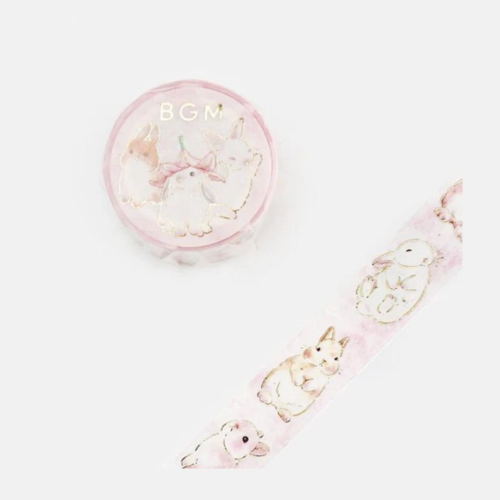 washi tape japonesa de la marca bgm con diseño de conejos y flores en tonos rosas con foil dorado