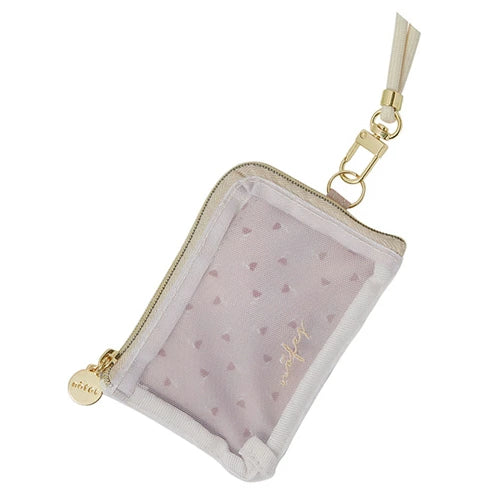 Tarjetero kawaii con bolsillo de malla, estampado de corazones y correa con gancho, vista detallada