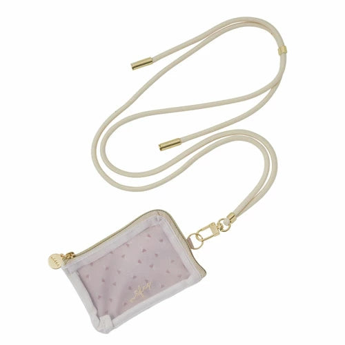 Tarjetero kawaii rosa con bolsillo de malla, estampado de corazones y correa con gancho vista general