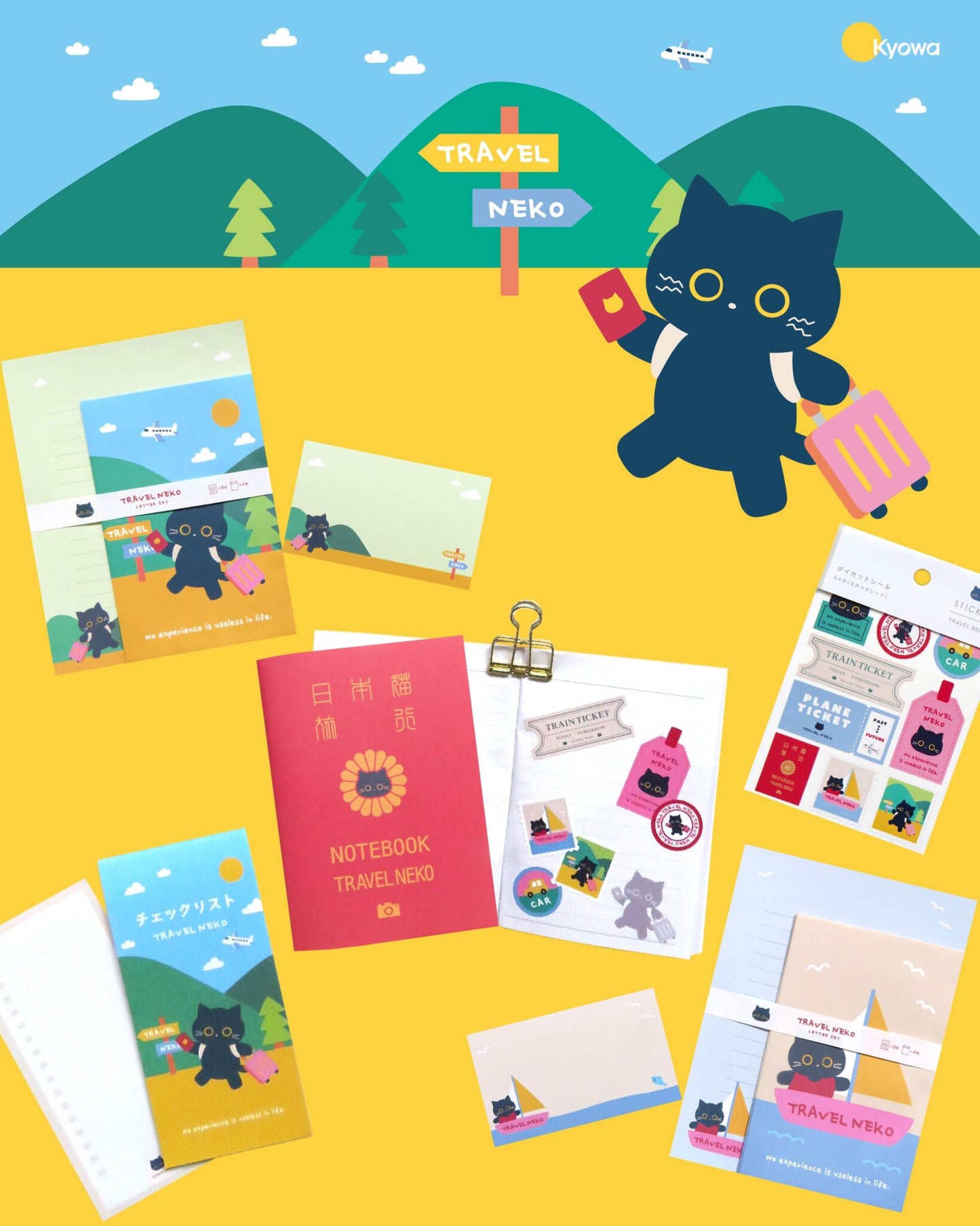 Colección travel neko de kyowa, marca japonesa de papelería