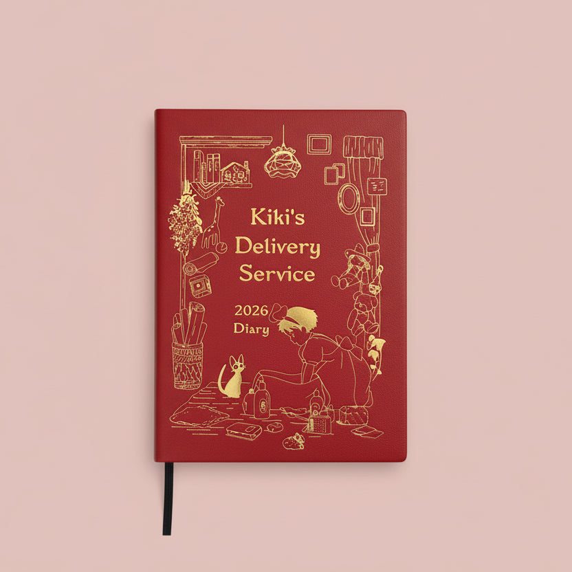 agenda 2026 kiki delivery service cubierta roja detalles dorados papeleria japonesa españa vista frontal