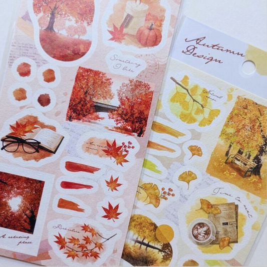 Láminas de pegatinas Autumn Design con ilustraciones otoñales en tonos cálidos.
