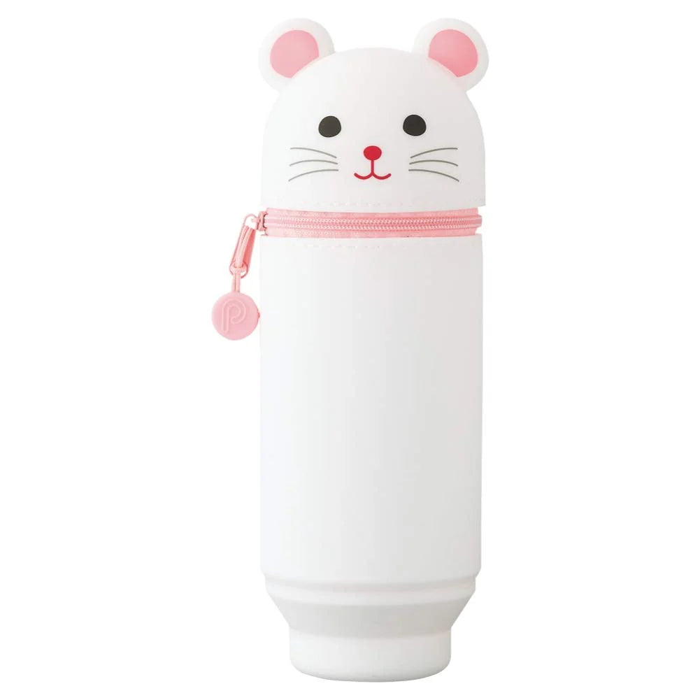 Estuche de lápices con diseño de ratón, en color blanco con cremallera rosa, ideal para almacenar bolígrafos, lápices o pinceles de maquillaje.