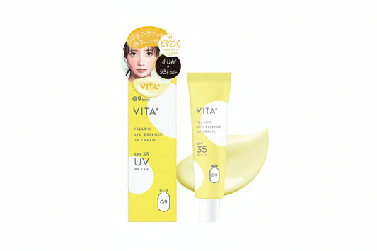 G9SKIN | Crema UV tone-up VITA+ Yellow Uyu Essence SPF35 PA+++ – Ilumina y suaviza poros