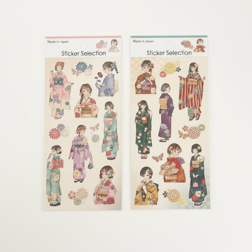 Pegatinas decorativas estilo Japón tradicional (kimono + motivos florales) ideales para planners, collages y páginas de viaje. En Nagomi Papelería, papelería japonesa en España.