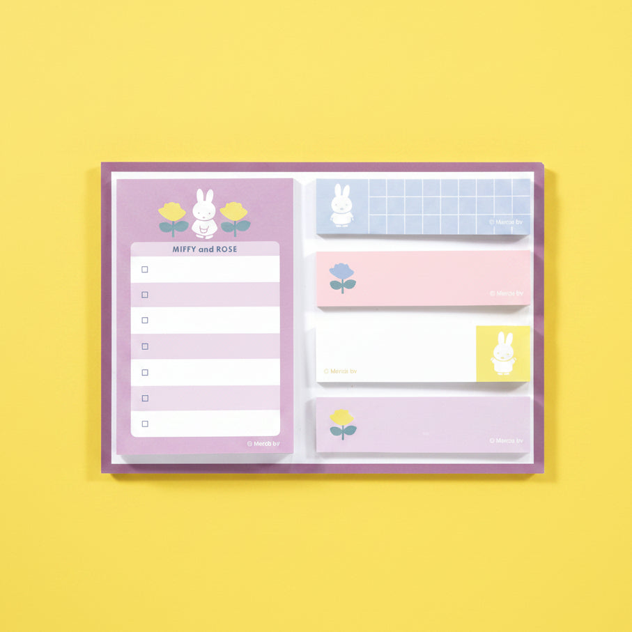 Set de notas adhesivas Miffy and Rose (5 diseños x 20 hojas, MF852B) para checklist y recordatorios. Disponible en Nagomi Papelería, papelería japonesa en España.