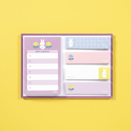 Set de notas adhesivas Miffy and Rose (5 diseños x 20 hojas, MF852B) para checklist y recordatorios. Disponible en Nagomi Papelería, papelería japonesa en España.