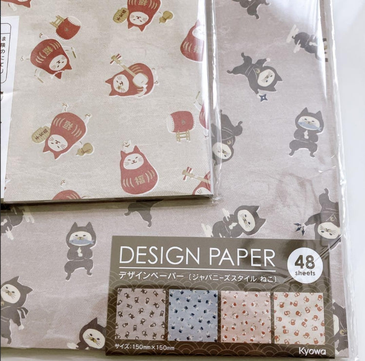 Papel decorativo Kyowa 150x150 mm con gatos estilo Japón (samurái, ninja, miko y daruma), pack 48 hojas para scrap y journaling. Nagomi Papelería, papelería japonesa en España.