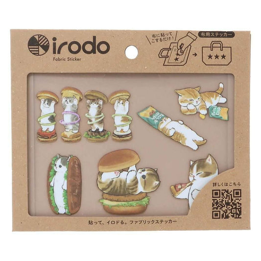 Lámina completa de pegatinas Mofusand con diseños de gatos y comida rápida.