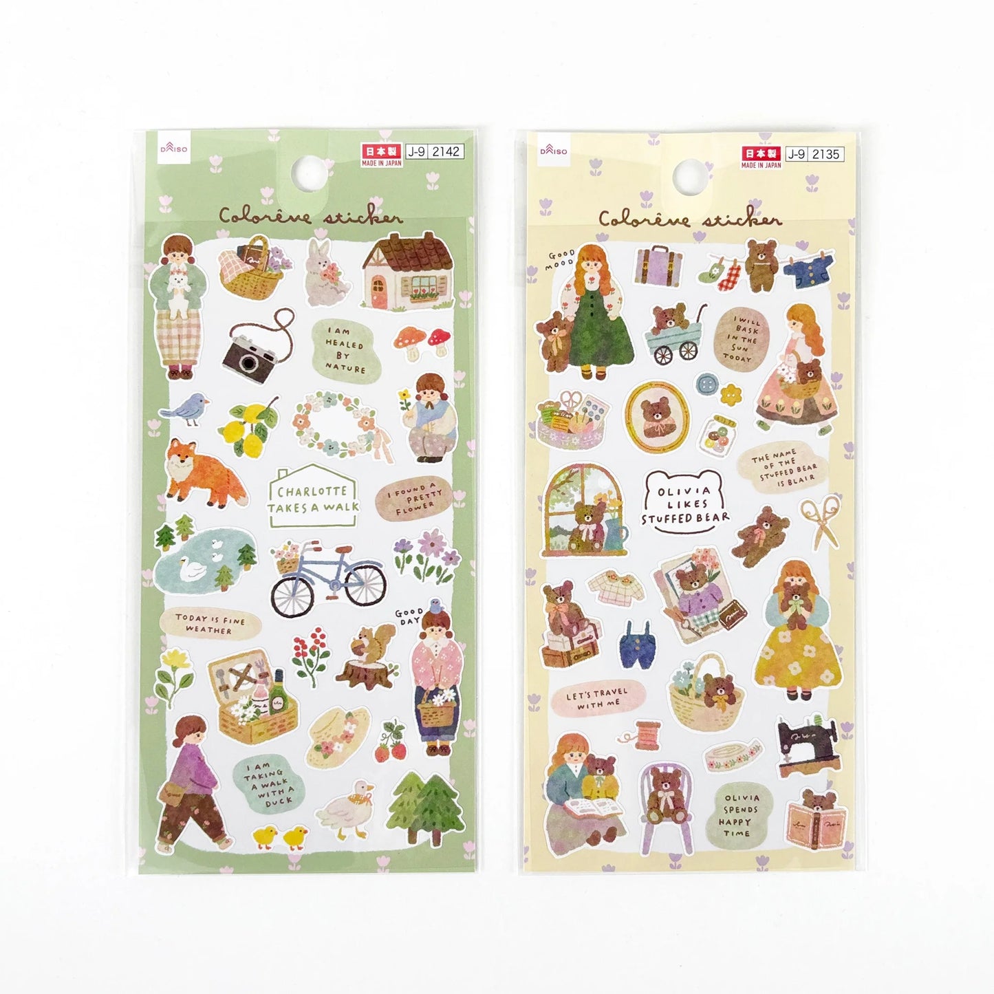 CHARLOTTE (J-9 2142): Pegatinas Daiso Coloréne “Charlotte” con paseo y naturaleza (bici, flores, animales), perfectas para journaling creativo. Nagomi Papelería, papelería japonesa en España.