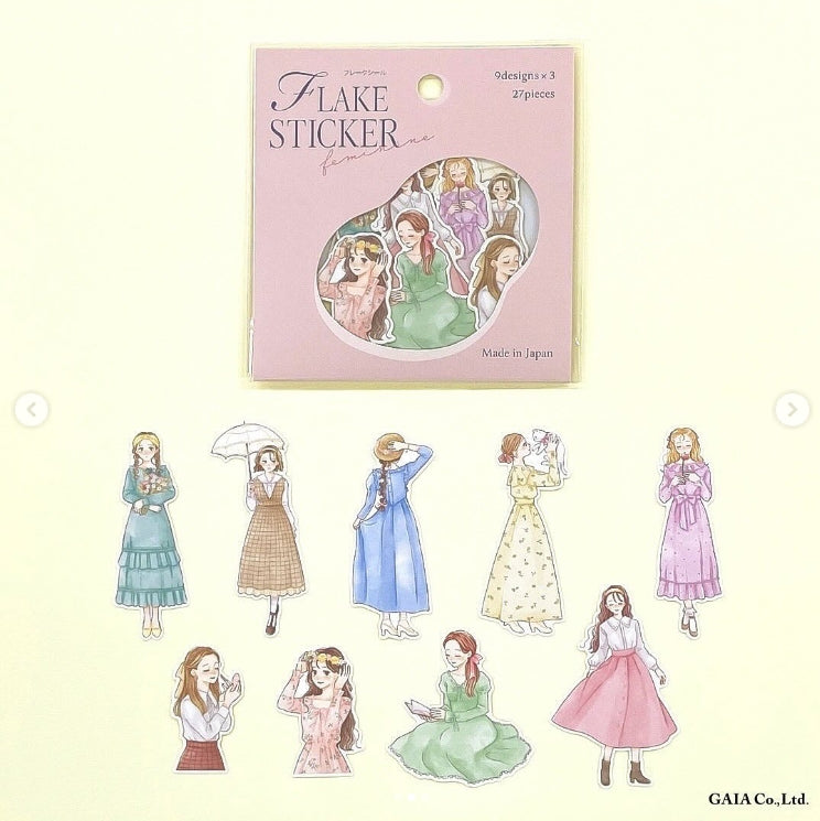 Pegatinas japonesas estilo flake con chicas vestidas con vestidos largos románticos en tonos pastel