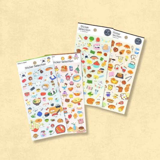 Pegatinas japonesas Gaia Sticker Selection Friendly Food con ilustraciones kawaii de bento, panes, dulces y sushi. Hechas en Japón.