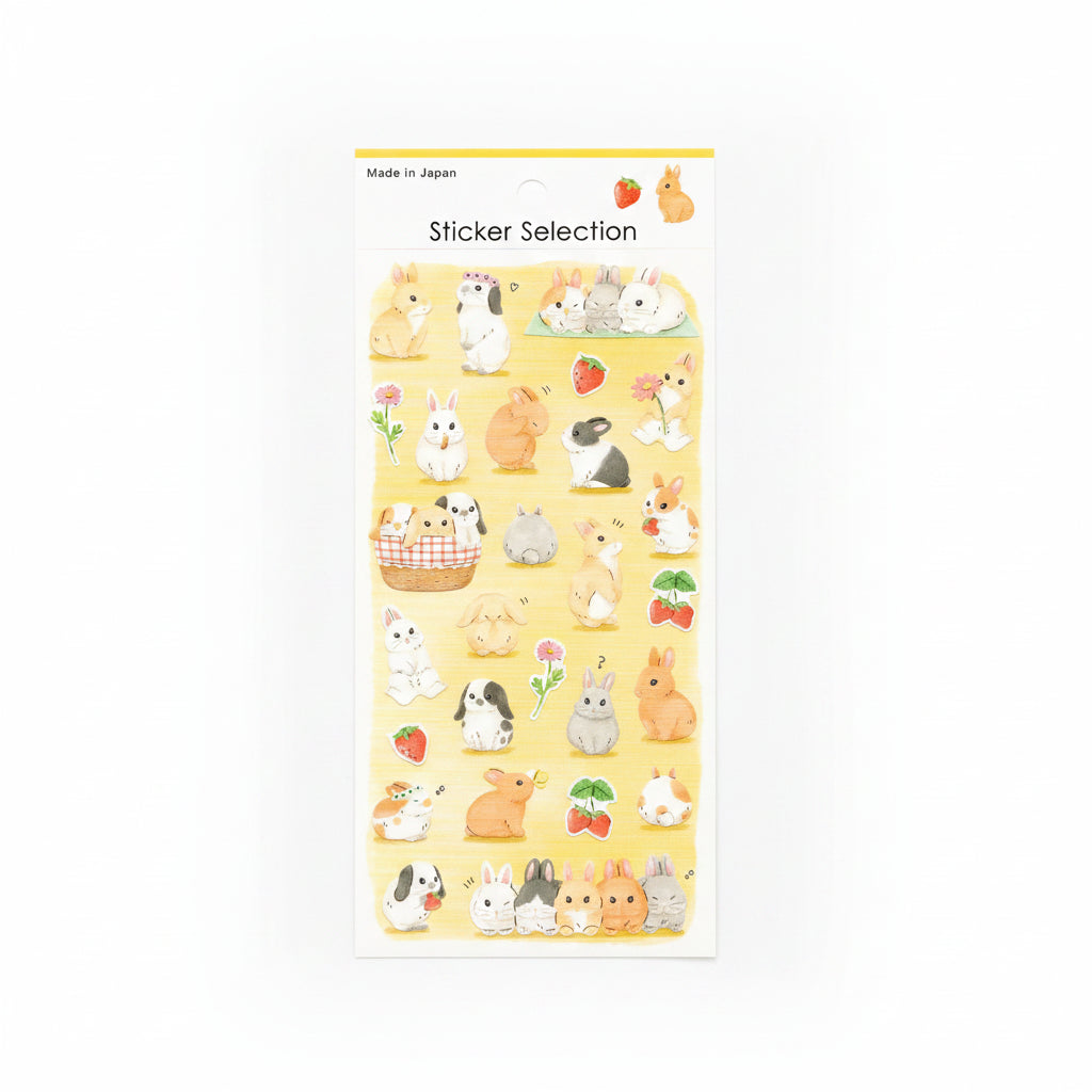 Pegatinas kawaii de conejitos en diferentes poses con detalles de fresa, perfectas para journaling delicado y planners. Disponible en Nagomi Papelería, papelería japonesa en España.