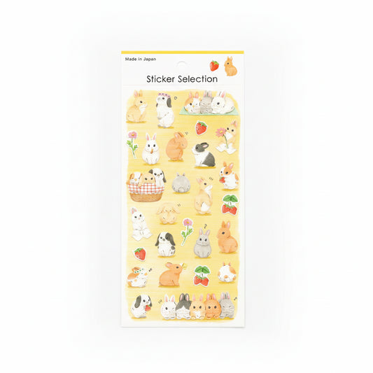 Pegatinas kawaii de conejitos en diferentes poses con detalles de fresa, perfectas para journaling delicado y planners. Disponible en Nagomi Papelería, papelería japonesa en España.