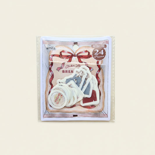 Set de pegatinas flakes amifa Retro Girl “Bread” (24 piezas) con ilustraciones vintage y pan, perfecto para bullet journal. Nagomi Papelería, papelería japonesa en España.