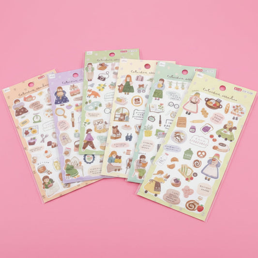 Pegatinas japonesas Daiso Coloréne estilo acuarela con ilustraciones kawaii para journaling y papelería creativa