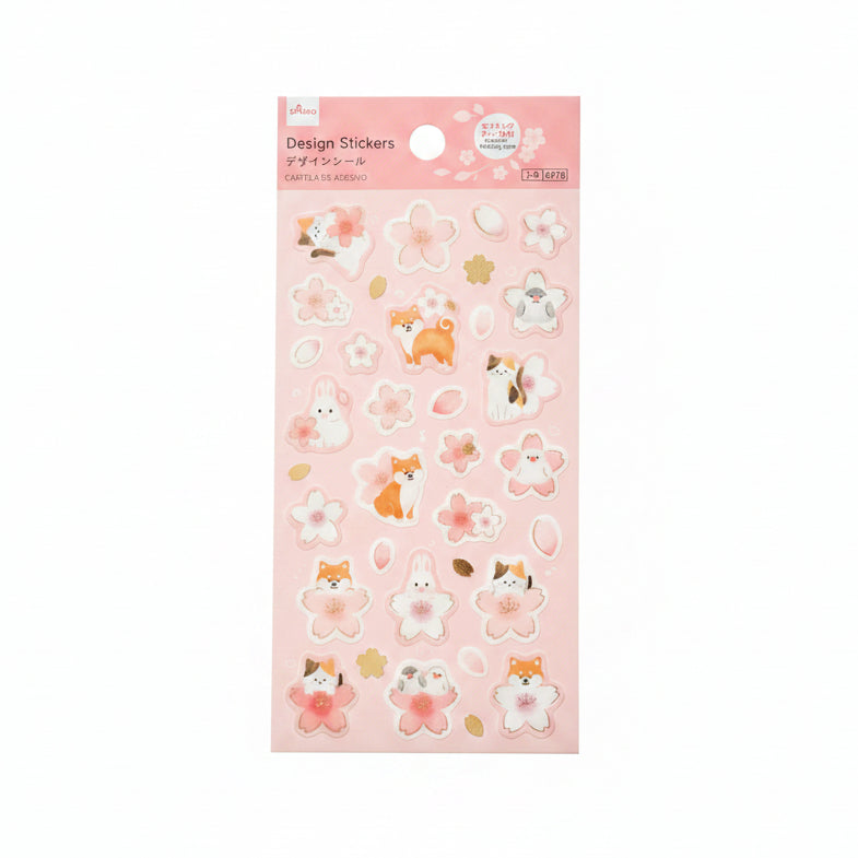 Stickers Daiso “sakura & pets” con pétalos y flores, acabado masking suave para journaling delicado. Disponible en Nagomi Papelería, papelería japonesa en España.