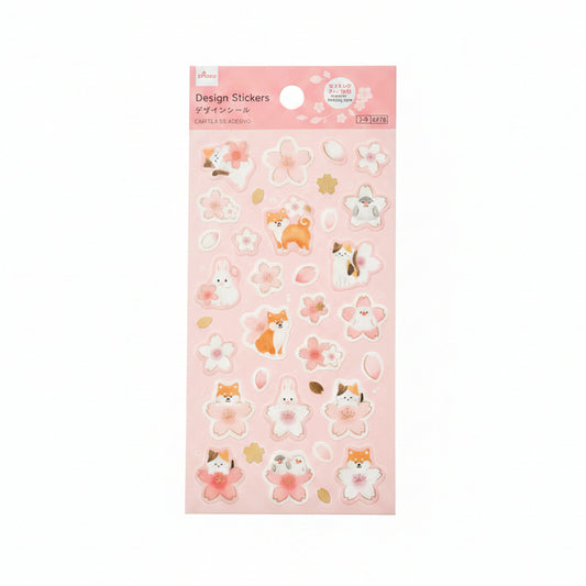Stickers Daiso “sakura & pets” con pétalos y flores, acabado masking suave para journaling delicado. Disponible en Nagomi Papelería, papelería japonesa en España.