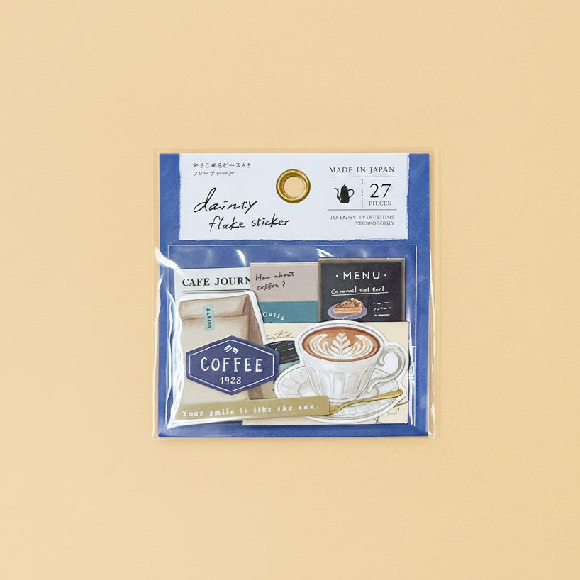 Set de pegatinas flakes “Coffee Time” (27 piezas) con taza de café y etiquetas estilo cafetería para bullet journal. Nagomi Papelería, papelería japonesa en España.