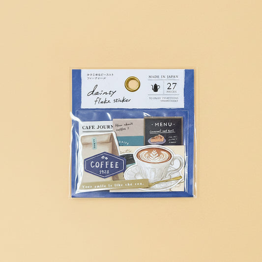 Set de pegatinas flakes “Coffee Time” (27 piezas) con taza de café y etiquetas estilo cafetería para bullet journal. Nagomi Papelería, papelería japonesa en España.