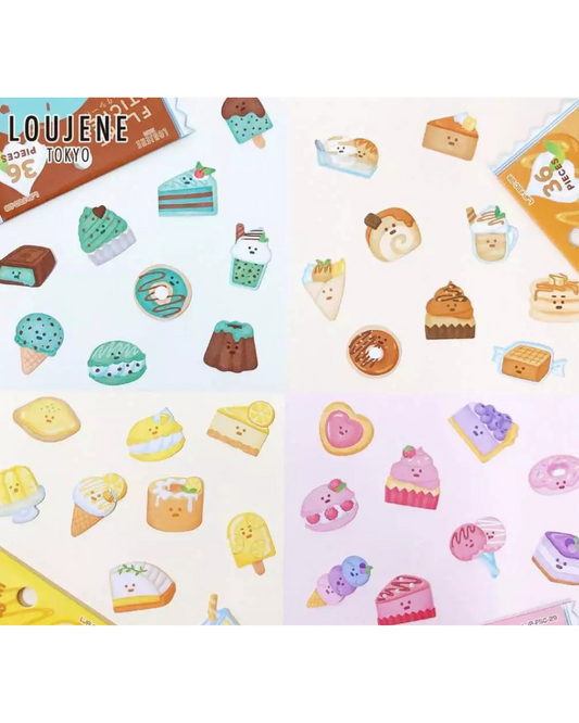 Pegatinas kawaii de postres con rostros lindos y divertidos representando diferentes sabores en cada set, limón, caramelo, frambuesa 