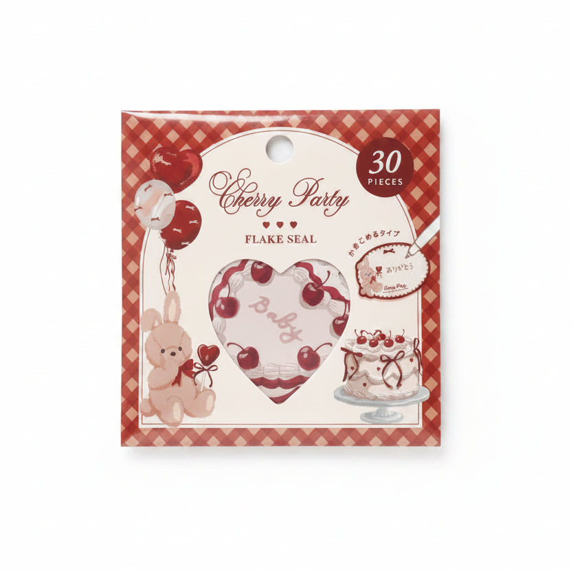 Set de pegatinas flakes Cherry Party (30 piezas) con cerezas, tarta y conejito cute, perfecto para decorar cartas y regalos. Nagomi Papelería, papelería japonesa en España.