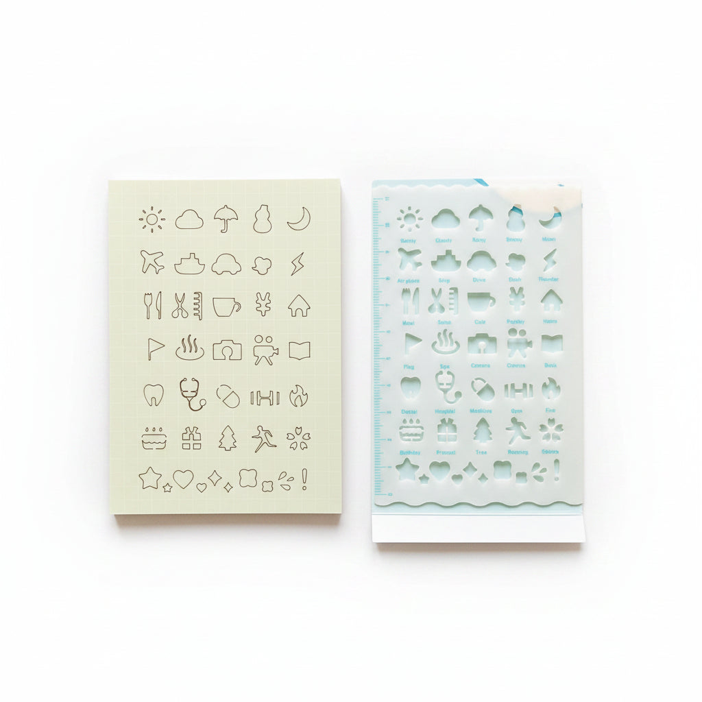 Ejemplo de uso (iconos trazados): Plantilla de iconos para agenda con resultados trazados en cuaderno; disponible en Nagomi Papelería, papelería japonesa en España.