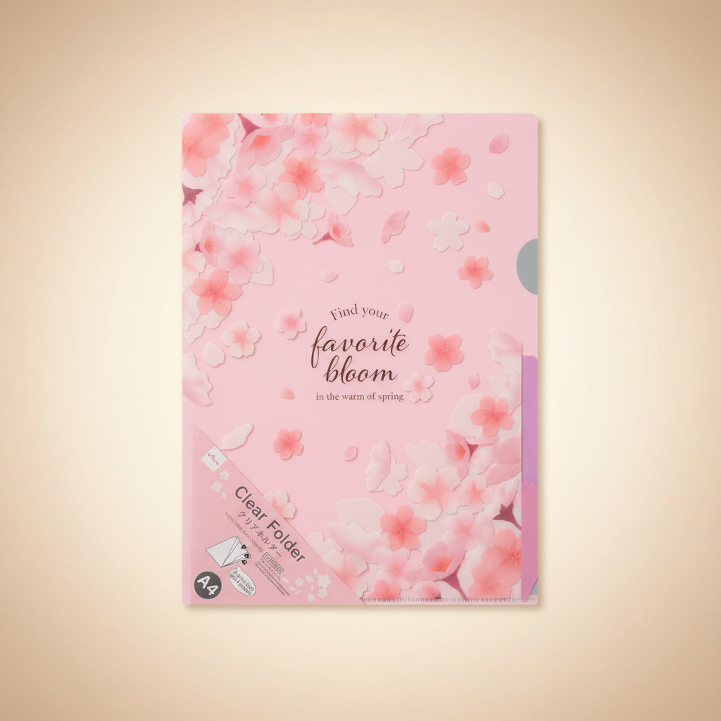 Carpeta transparente A4 con separadores (3 bolsillos) estilo japonés sakura, práctica para llevar hojas, prints y plantillas. Vista frontal.