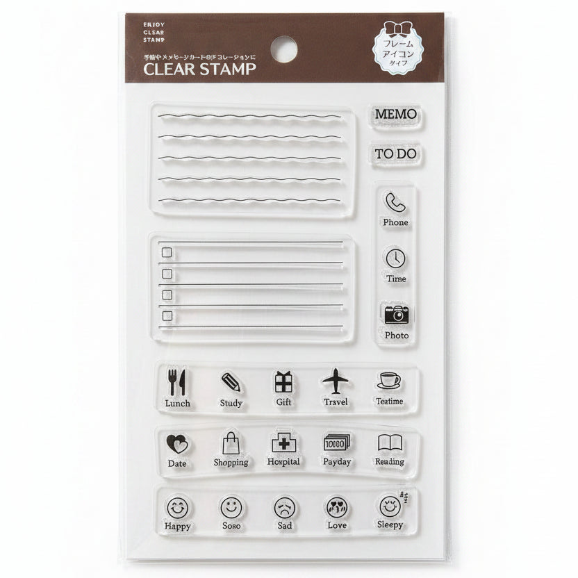 Sellos clear stamp para bullet journal: marcos, líneas y listas con casillas para organización diaria y hábitos. En Nagomi Papelería, papelería japonesa en España.