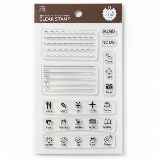 Sellos clear stamp para bullet journal: marcos, líneas y listas con casillas para organización diaria y hábitos. En Nagomi Papelería, papelería japonesa en España.