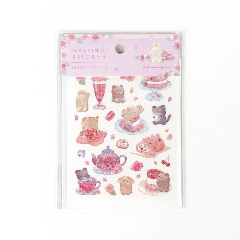 stickers washi de gatitos a la hora del te con postres y frutas