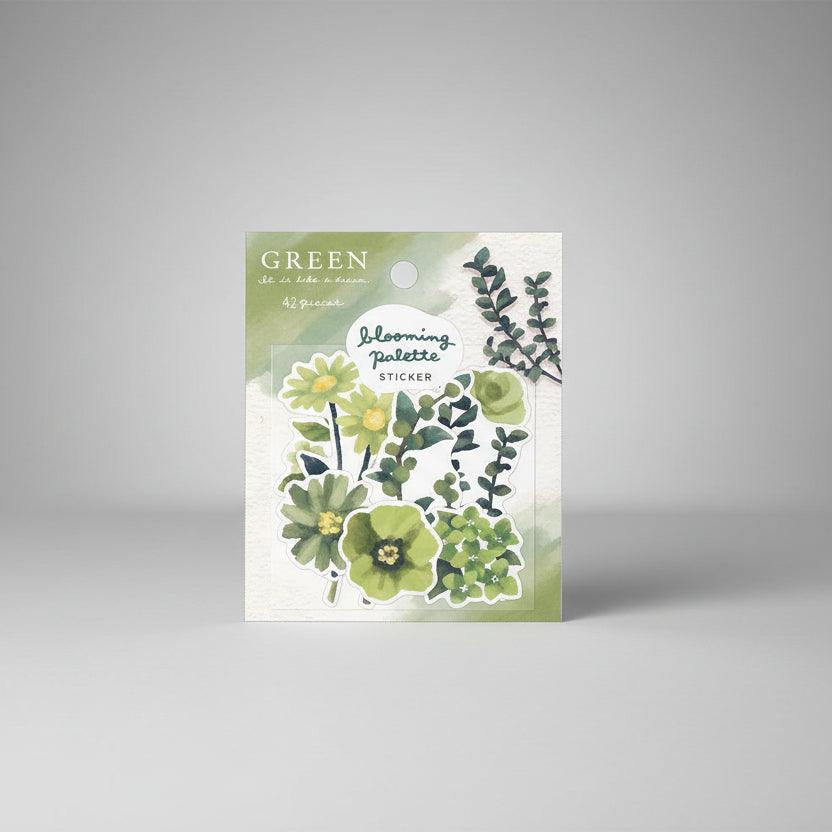 Set de pegatinas flake CRUX con ilustraciones florales en tonos verde botánico vista frontal