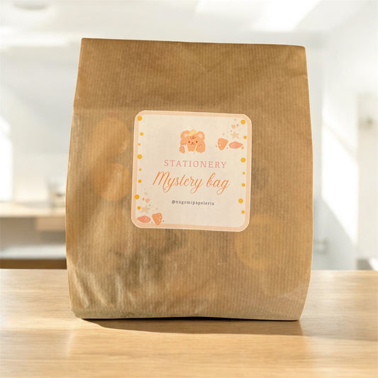 Stationery Mystery Bag de frente sobre una mesa de madera