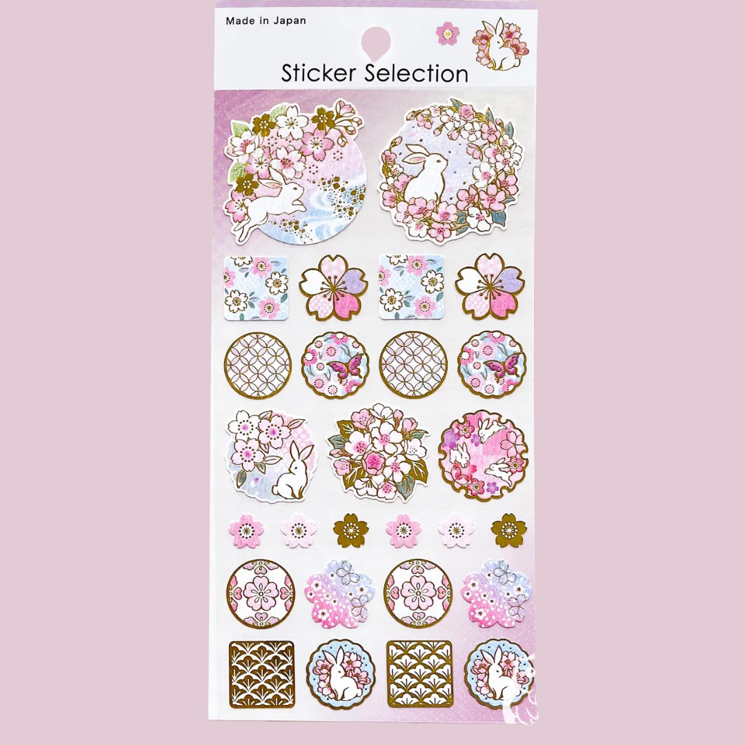 Flores de cerezo con hermosos y delicados conejos, en pegatinas elegantes y con textura