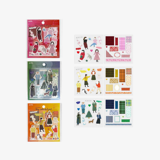 Set completo de pegatinas Amifa Fashion Seasons con ilustraciones de chicas en distintos estilos de ropa y colores.