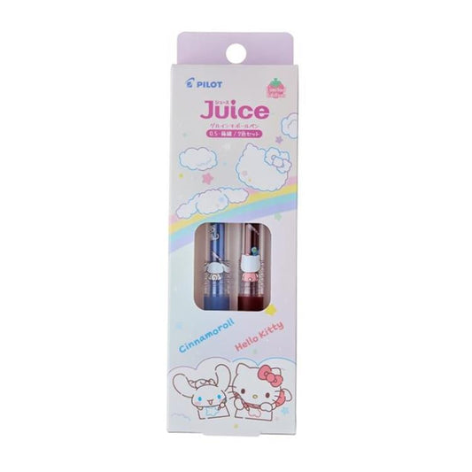 Empaque de set de bolígrafos gel Pilot Juice Sanrio con Cinnamoroll y Hello Kitty en diseño adorable, mostrando bolígrafos en tinta azul y roja.