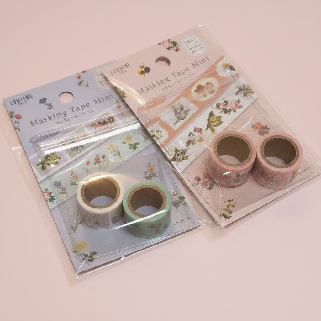 Sets de washi tapes japoneses mini Loujene Tokyo con flores estilo acuarela en tonos suaves