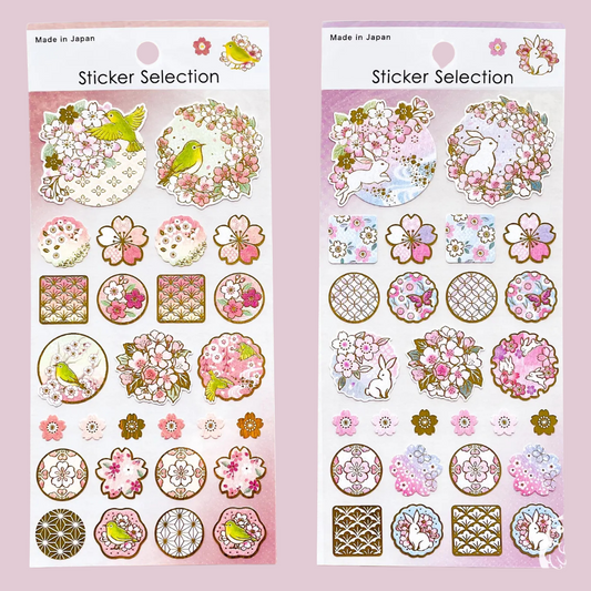 hermosas pegatinas con diseño delicado y elegante de estilo japones con flores, aves o pájaros y conejos