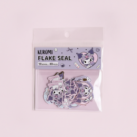 Pegatinas Kuromi flakes con diseños kawaii en tonos morados vista frontal